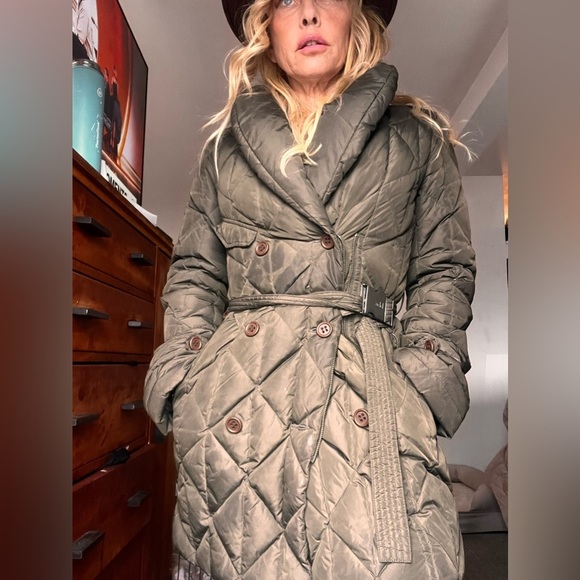 Add Down Women's khaki Pillow Collar puffy  Belted Jacket Medium - Picture 3 of 12